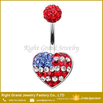 American Flag Heart Multi Gems 316L Surgical Steel Navel belly bar